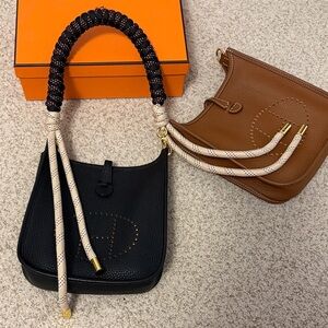 Perfect Bag Strap / Handle for Hermes mini Evelyn. Black Beige Woven.